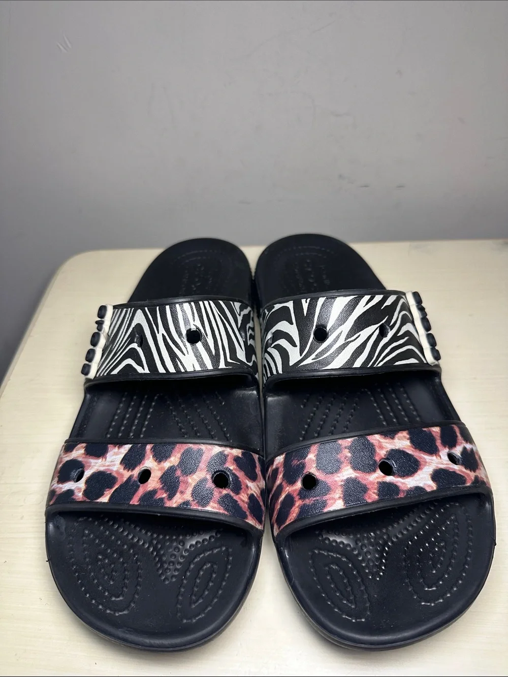 CROCS Black Slides with Zebra & Leopard Straps animal remix sandals